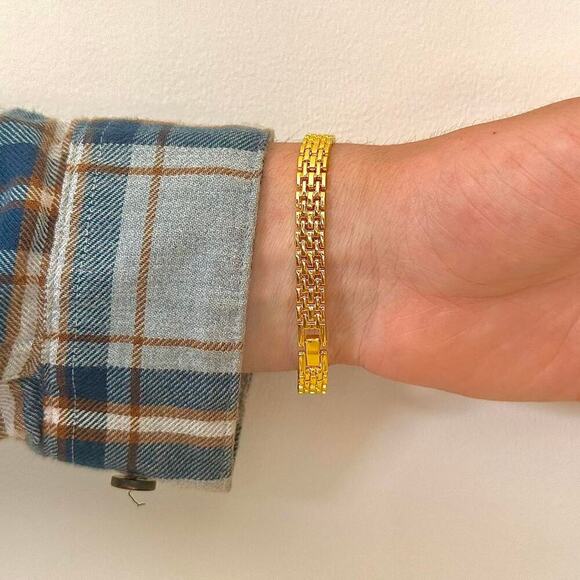 Y2K Gold Quartz Watch with Linked Band & Round Dial Unisex 8.5" New - Picture 3 of 5